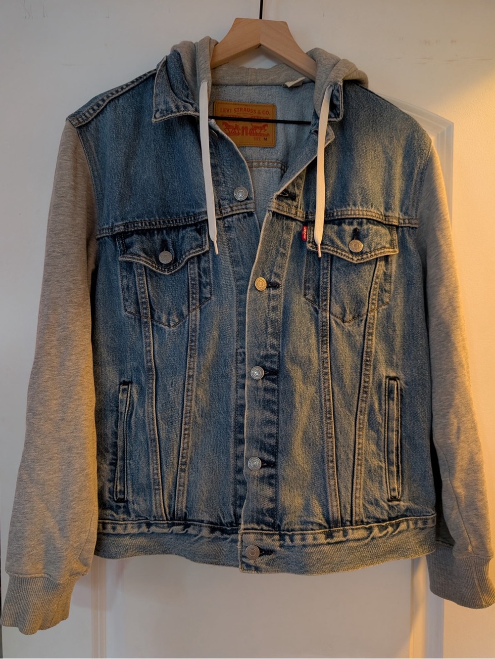 Levi's Blue Denim Jacket with Gray Hooded Sweatshirt Sleeves